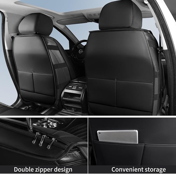 HChengkikz Car Seat Covers Full Set, Breathable Nappa Leather Seat Covers, Horizontal Stripes Automotive Seat Covers, Universal Seat Cushions for Sedan SUV Truck (5 PCS Full Set, Black + Cream)