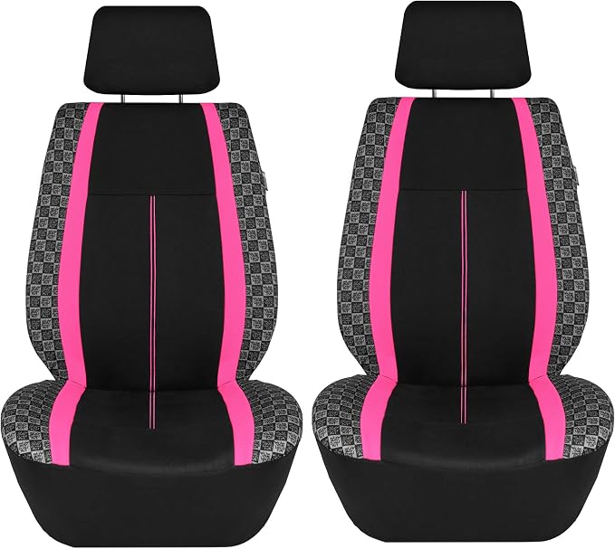 We Are Young Life is Fun™ Checker Car Seat Covers Universal Fit Interior Accessories Full Set Pink Seat Cover Combo Steering Wheel Cover and Seat Belt Pads, Airbag and Split Rear Car Seat Covers