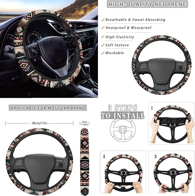 Dreaweet Southwestern Tribal Car Seat Covers Full Set Navajo Geometric Decor Front and Back Seat Covers with Steering Wheel Cover,Armrest Pads,Seat Belt Pads,Coasters,Gear Shift & Handbrake Cover