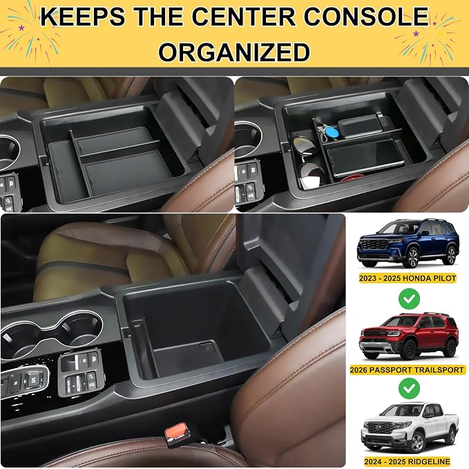 3Pcs Center Console Organizer Tray for 2026 Honda Passport Trailsport/2023 2024 2025 Honda Pilot/Ridgeline/Interior Accessories - Center Console Cup Holder Insert & Hidden Armrest Storage Box
