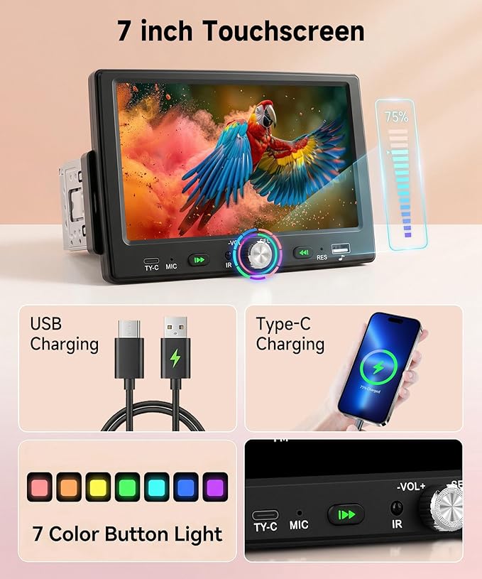 7 inch Single Din Car Stereo Wirelsss Carplay Android Auto, 1 Din Radio HD 1024×600 Touch Screen Radio Bluetooth 5.0, Mirror Link SWC FM EQ, USB Type-C, Car Stereo Receiver