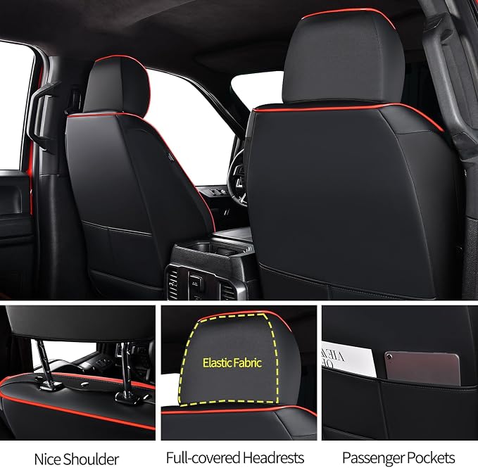 Ranger Seat Covers, for 2019-2023 Ford Ranger XLT XL Lariat Crew Cab, Napa Leather Seat Protector (Full Set, Black&Red)