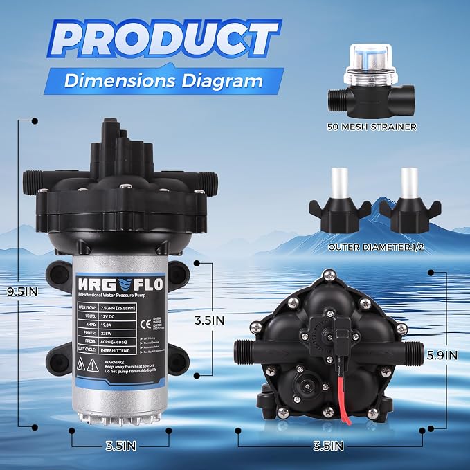 Upgrade 12V 80PSI7.5GPM RV Fresh Washdown Pump Kit Boat Washdown Pump,Five Chamber Self-Priming Diaphragm Pump with Heavy Duty Pressure Switch & Strainer for Boats, Marine, Yacht, Caravan, Camper