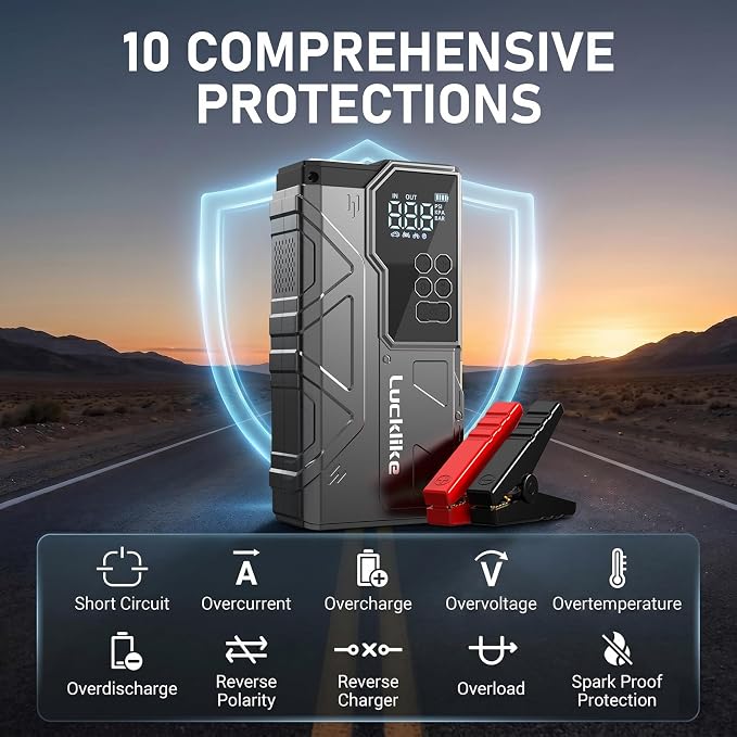 Lucklike Jump Starter with Air Compressor, 6000A 150PSI Car Battery Jumper Starter Portable (All Gas/12L Diesel) 12V Jump Box Car Battery Jump Starter with Tire Inflator, 800LM Light, Jumper Cables