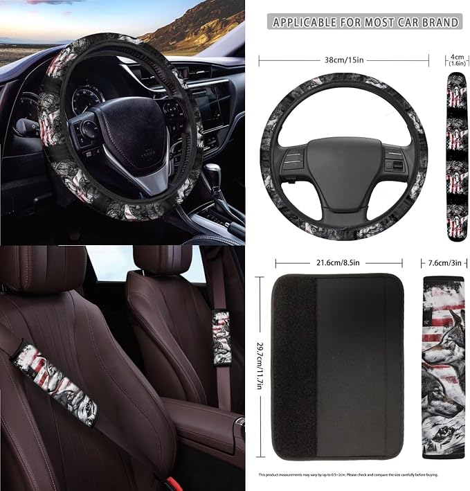 Wanyint Wolf American Flag 15 PCS Car Seat Covers Set for Men Women, Auto Seat Protector with Steering Wheel Cover Seat Belt Pads Trash Bin Air Vent Pocket Rear View Mirror Cover Coasters Key Chain