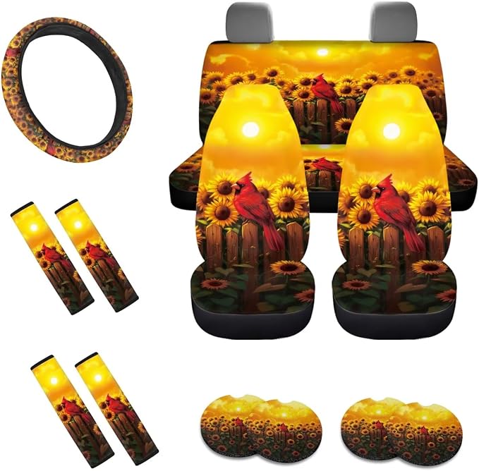 Cardinal Sunflower Print Car Seat Covers Full Set, 13 PCS Auto Accessories with Soft Steering Wheel Cover, Seat Belt Shoulder Pads, Coasters for Most Cars