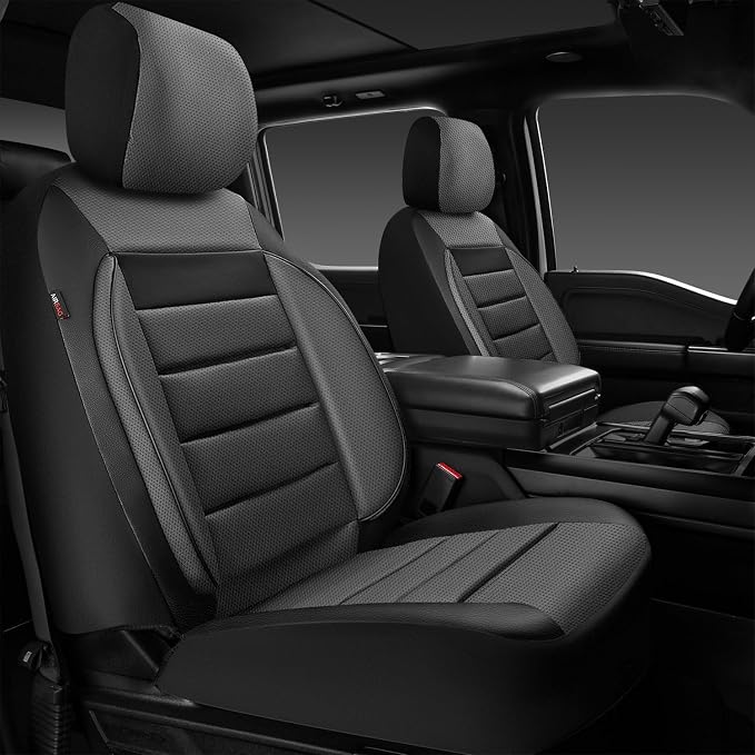 CAR PASS Car Seat Covers Front Seats Only, Universal Fit Automotive Interior Waterproof 3D Foam Back Support Car Seat Covers for Trucks Vans and SUVs Airbag compatible 2 Pieces black gray grey