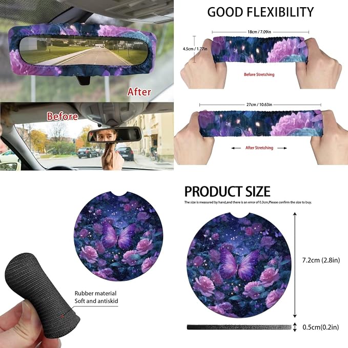 Purple Rose Butterfly 15 PCS Car Seat Cover Set with Auto Steering Wheel Cover Seat Belt Strap Protector Cup Holder Trash Bag Rear View Mirror Protector Keychain