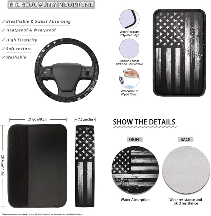 Lotusorchid American Flag Print Car Seat Covers, Including Universal and Anti-Slip Steering Wheel Cover Car Armrest Box Pad Vehicle Seat Belt Pad Auto Headrest Cover for Most Vehicles