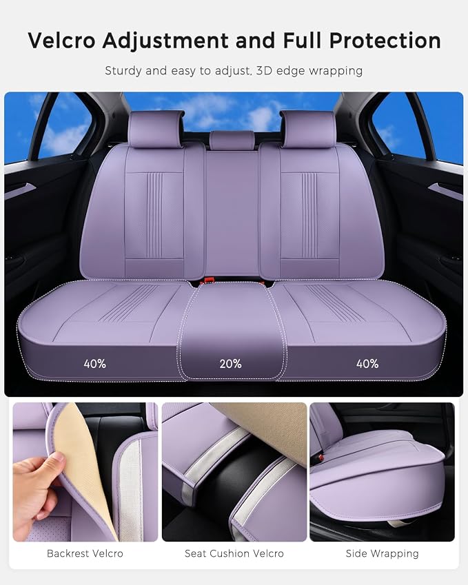 Huidasource Purple Back Seat Cover, Nappa Leather Rear Seat Cover with Ventilation Holes, Velcro Adjustable, Compatible with Seat Belts, Child Safety Seats, for Most Cars SUV Truck, Purple