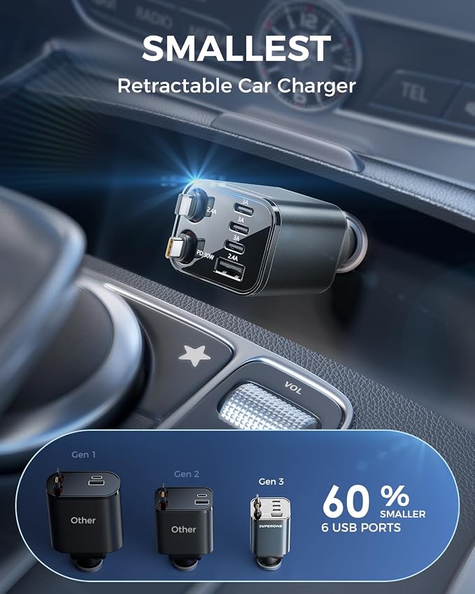 Upgraded SUPERONE Retractable Car Charger, [Ultra-Compact] 6-Port Car Charger USB C, iPhone Car Chargers Fast Charging with USB C & Apple Cable, RV Power Adapter for iPhone 17/16/15/14/13/12