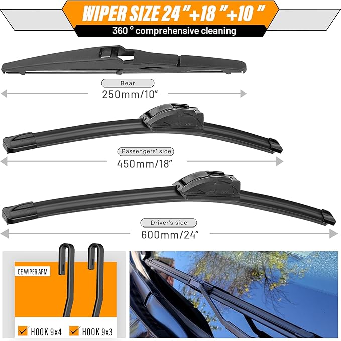 AUTOBOO 24"+18" Windshield Wipers with 10" Rear Wiper Blade Replacement for Jeep Compass 2018 2019 2020 2021 2022 2023 2024 2025 -Original Factory Quality (Pack of 3)