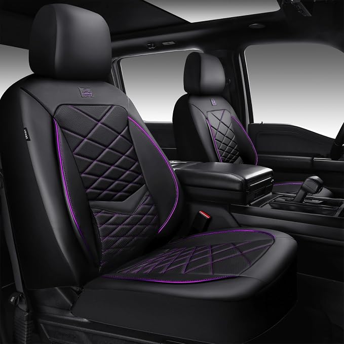 CAR PASS Luxury Nappa Leather Front Seat Covers, Water Resistant 3D Foam Seat Covers with Lumbar Support, Breathable Auto Seat Cover Airbag Compatible Universal Fit Sedan SUV Van Truck, Black Purple