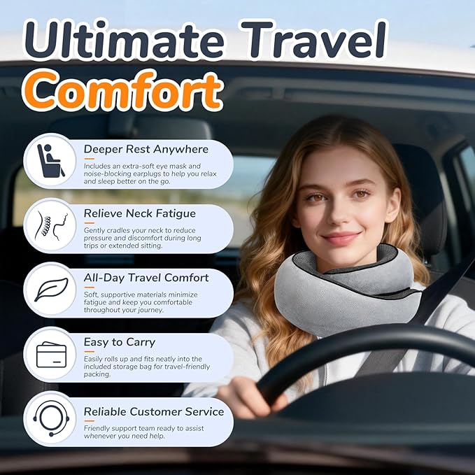 SYNNA Travel Neck Pillow for Airplane & Car, 360° Head and Chin Support, Ergonomic Memory Foam with Silky-Smooth Breathable Washable Cover for Flights, Road Trips & Office Naps
