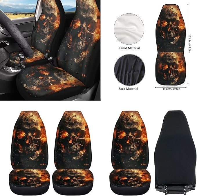 Howilath Flame Skeleton Car Seat Cover Set of 10 with Front Seat Cover Split/Keychain/Seatbelt Pads/Steering Wheel Cover/Armrest Cushion/Coasters Auto Accessories
