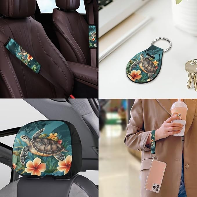 Sea Turtl Car Seat Covers Full Sets 18 Pack Universal Car Interior Accessories Sets with Sea Turtle Car Seat Belt Pads Cover Covers for Steering Wheel Car Trashcan Soft Car Headrest Covers