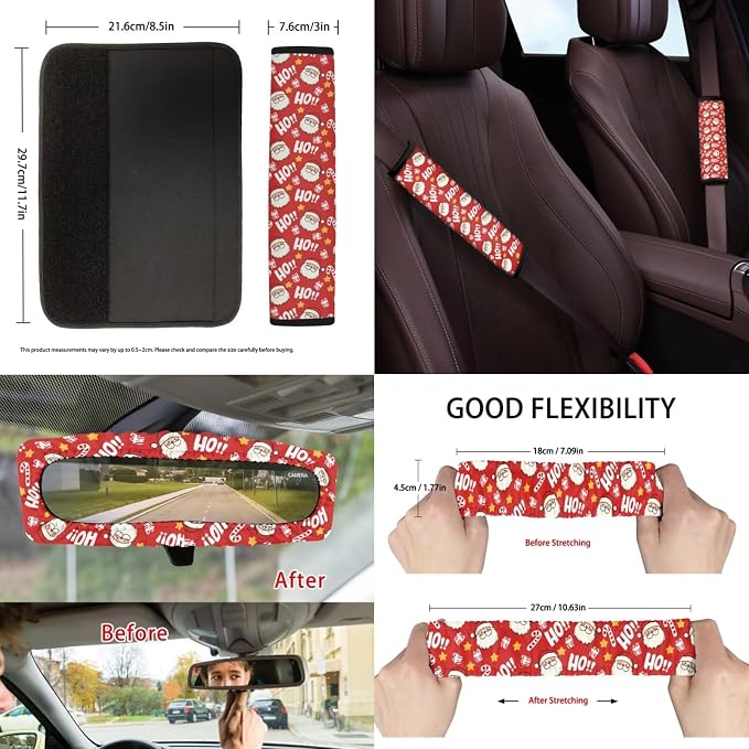 Suobstales Santa Claus Candy Star Print Car Seat Covers Christmas Decor Set of 13 with Universal Steering Wheel Cover, Rearview Mirror Cover, Car Trash Can, Seatbelt Pads, Coasters, Keychains