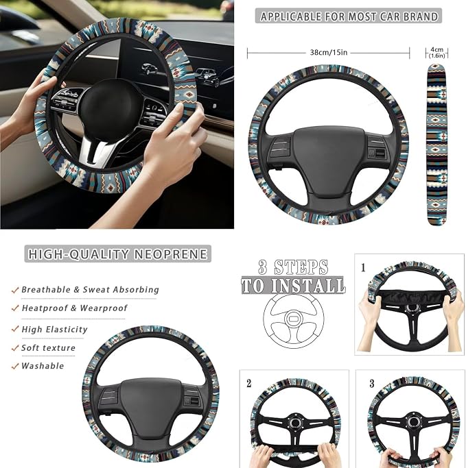 Aztec Stripes Car Accessories Car Seats Cover Protector, Steering Wheel Cover, Seatbelt Cover, Vehicle Trash Can, Cup Coasters, Rearview Mirror Cover, Keychains, Pack of 15