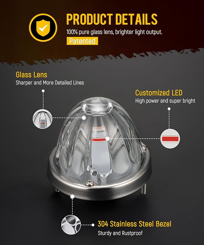 Partsam 2Pcs Glass Watermelon Lights [Patented] Clear Lens Red LED Side Marker Turn Signal Lights with Bezel Replacement for Kenworth Peterbilt Freightliner Truck