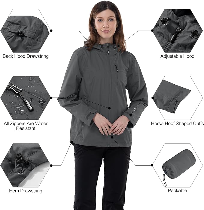 Outdoor Ventures Packable Rain Jacket Women Lightweight Waterproof Raincoat with Hood Cycling Bike Jacket