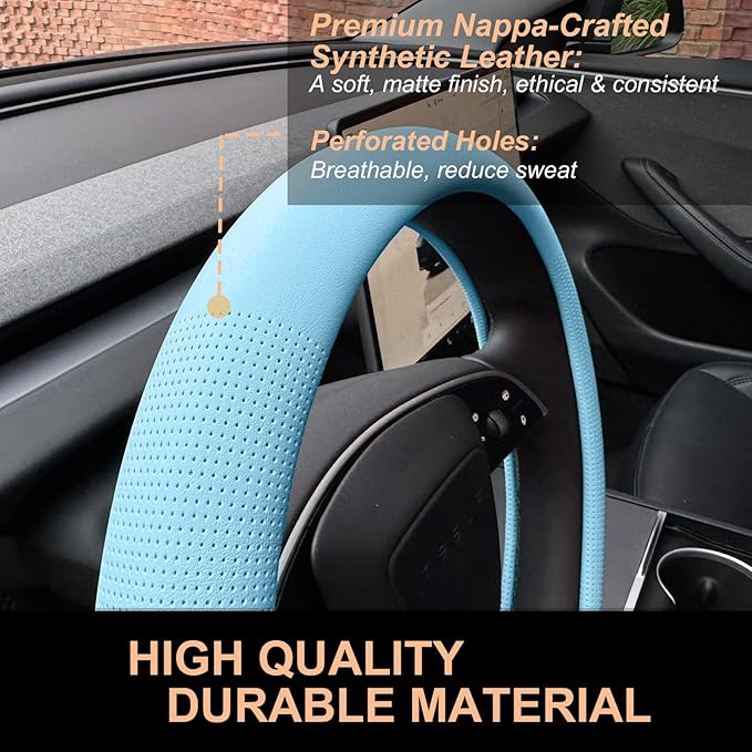 PINCTROT Nappa Leather Steering Wheel Cover for Tesla Model Y/3 Highland/Juniper, D Shaped 14 Inch Small Sized with Breathable Perforation, Fit Like Gloves, Flat Bottom 14 Inch(Nappa Aqua)