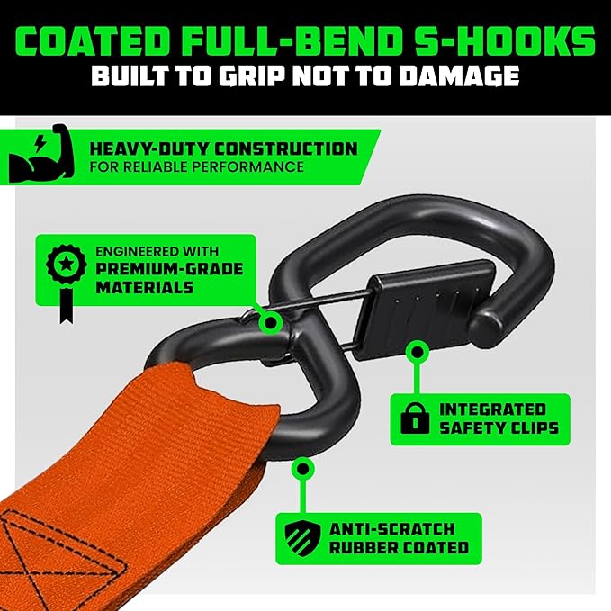 RHINO USA Ratchet Straps Tie Down Kit, 5,000 Break Strength - Includes Heavy Duty Rachet Tiedowns with Padded Handles & Coated Chromoly S Hooks + Soft Loop Tie-Downs