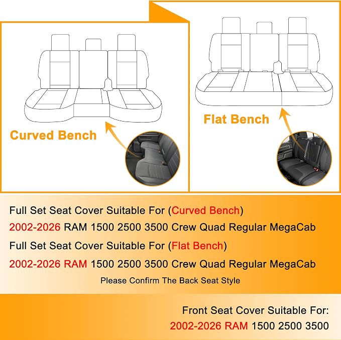 IKABEVEM for Dodge Ram 1500 Seat Covers 2012-2024 2025 2026 | Ram 2500 3500 2012-2026 Seat Covers Seat Cushion Cover with Faux Leather(Flat Bench,Full Set,Black&Grey)