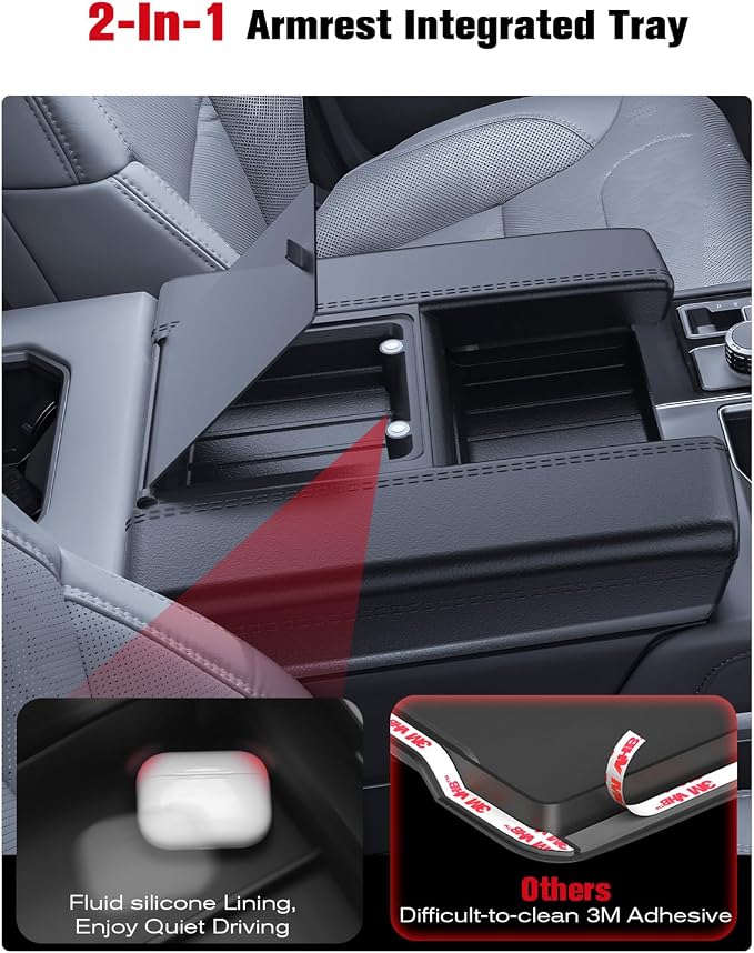 for 2022~2026 Tundra (SR/SR5/Limited) 2-in-1 Silicone Center Console Armrest Cover& Armrest Hidden Privacy Tray - [OEM Design& Friendly Liquid Silicone Rubber] - Thin Black