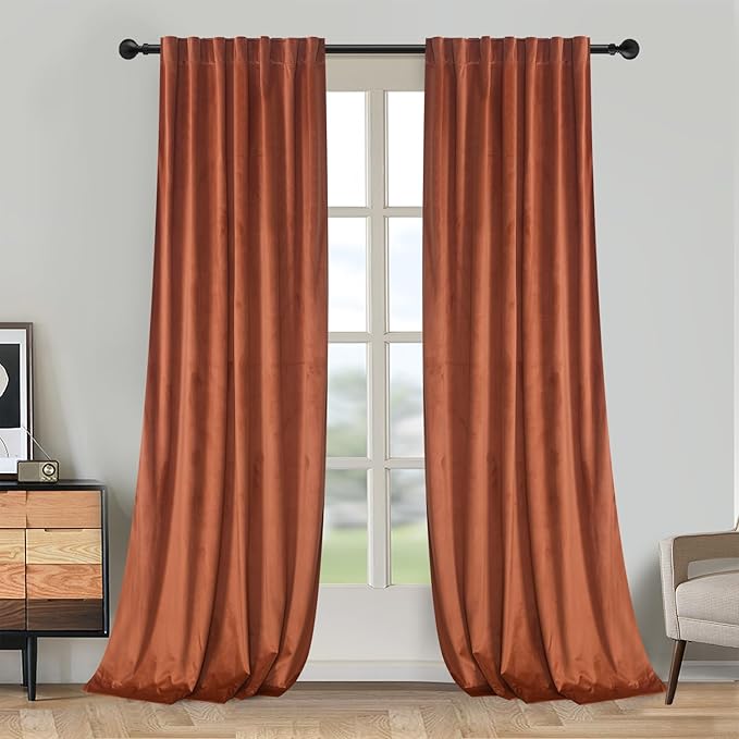 Roslynwood Luxury Soft Pumpkin Velvet Curtains 96 inches Long Back Tab Thermal Insulated Blackout Window Drapes for Living Room/Bedroom/Dining Room, W52 x L96, 2 Panels