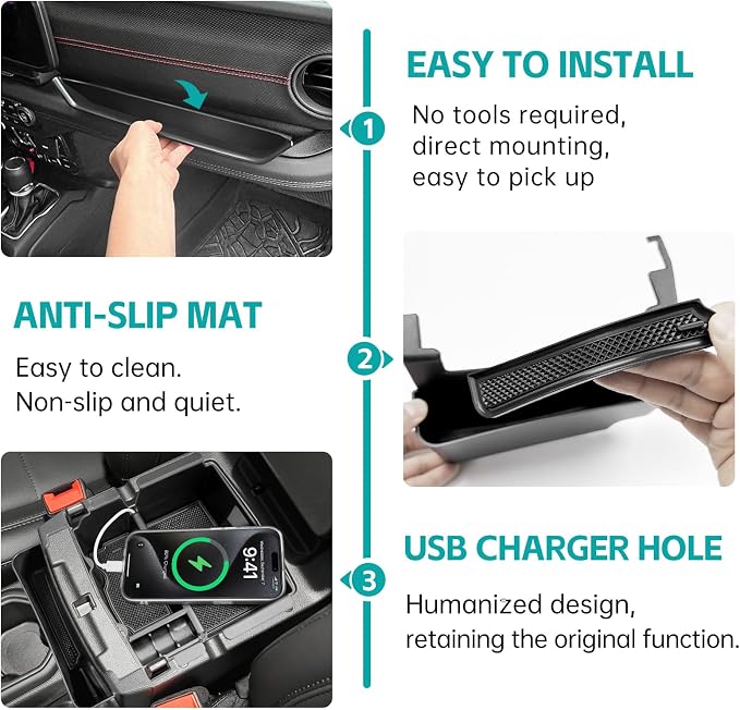4PCS Center Console Organizer Combo Kit Compatible with 2024 2025 2026 Jeep Wangler JL JLU 4xe Rubicon Sahara & Gladiator JT Accessories, Armrest Storage Box & Grab Bar Tray & Gear Shift Tray