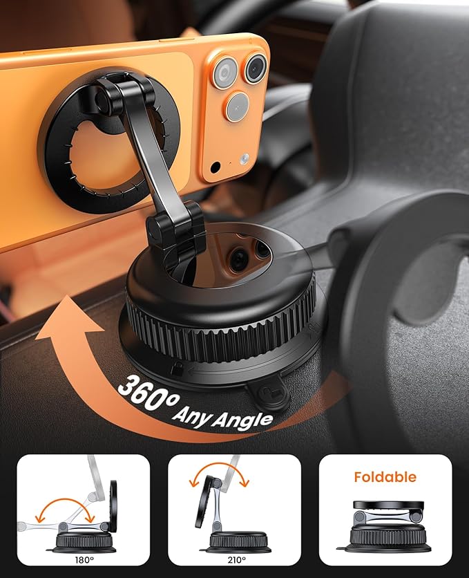 Magnetic Car Phone Holder for MagSafe, Reinforced Zinc Alloy Hinge, Suction Cup Car Phone Mount for Dashboard/Windshield, 360° Rotatable & Foldable Phone Holder for iPhone 17 16 15 14 13 12