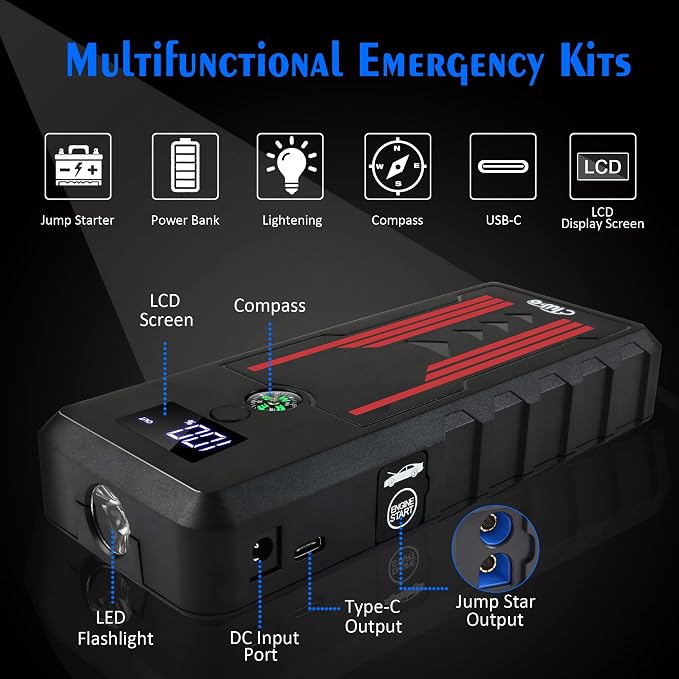 Car Jump Starter 1000A, CTWJO Portable Jump Starter Battery Pack for Up to 7.2L Gas and 5.5L Diesel Engines, 12V Jump Box with USB-C Smart Port, Compass, LCD Screen, LED Light, Travel Case