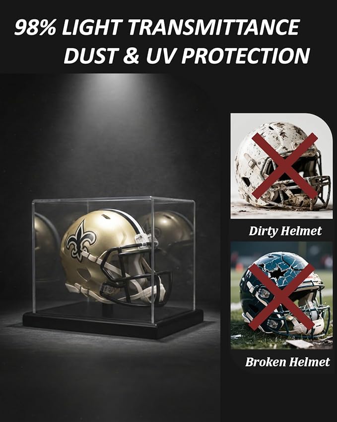 Mini Helmet Display Case with Solid Wood Base - Floating Design Clear Fully Assembled Acrylic Box for 1:2 Scale Football Helmets, Dustproof Memorabilia Showcase (Dark Walnut)