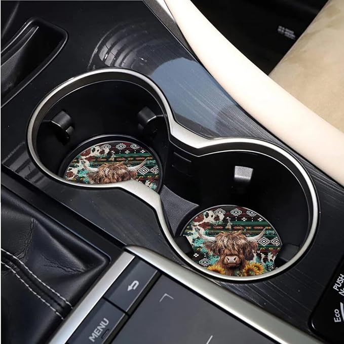 BIGCARJOB Highland Cow Print Car Seat Covers Set Navajo Tribal Car Interior Accessories Full Set 15 Pcs Auto Seat Headrest Cover Steering Wheel Cover Car Trash Can Hanging