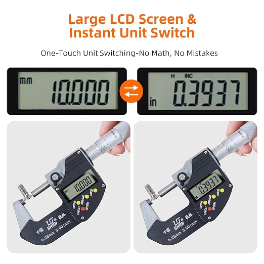0-1 Professional Digital Micrometer，0.00005" /0.001mm Resolution，Digital Outside Micrometer with Carbide Tip 0-1" Range with Ratchet Stop, Precision Machinist Workshop Automotive Tools
