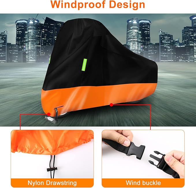 Waterproof Motorcycle Cover Replace for Harley Davidson Cruiser Iron 883/FAT BOY 114/HERITAGE Classic 114 with Anti-Theft Lock Hole & Reflective Strips for Outdoor Rain Snow Protection(86-94in)
