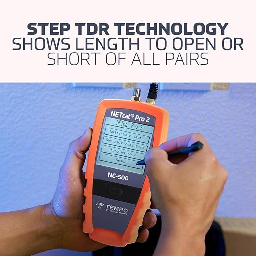 TEMPO NC-500 Digital Cable Tester for Voice, Data, Video, Coax, Etherne, Step TDR Wiring Troubleshooter, POE CAT5 CAT5e CAT6 Coax STP UTP (Professional Grade)