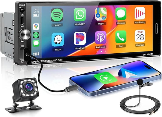Single Din Car Stereo Compatible with Carplay Android Auto, METEESER 6.9 Inch Bluetooth5.2 Car Stereo with Backup Camera,1280 * 480 IPS Touch Screen Car Radio Support FM/Mirror Link/SWC/USB/DVR/EQ
