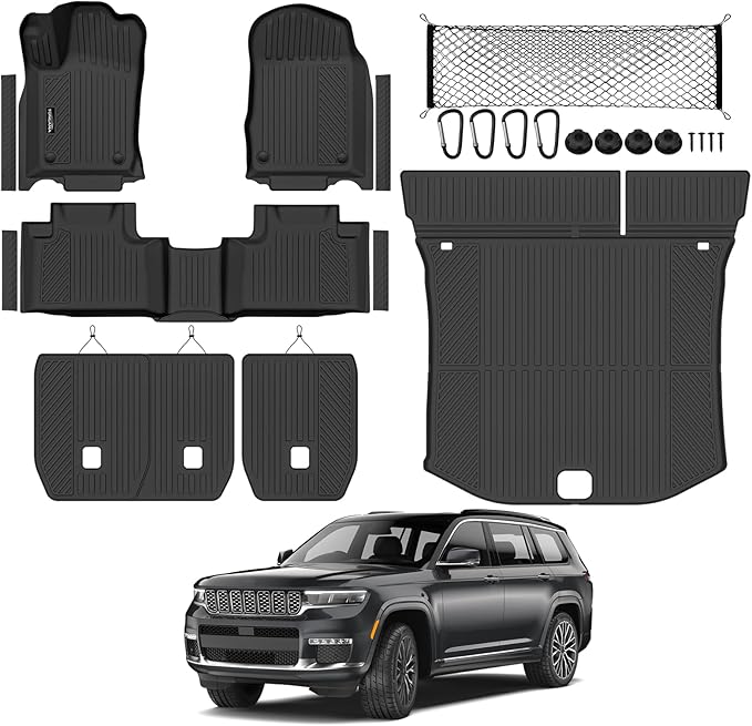 Tongama-Floor Mats for 2016-2021 Jeep Grand Cherokee & 2022 WK(Not for L), All Weather TPE Trunk Mat and Backrest Mats and Cargo Net and Door Sill Guards for Jeep Grand Cherokee Accessories