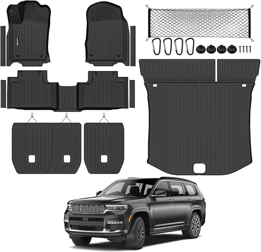 Tongama-Floor Mats for 2016-2021 Jeep Grand Cherokee & 2022 WK(Not for L), All Weather TPE Trunk Mat and Backrest Mats and Cargo Net and Door Sill Guards for Jeep Grand Cherokee Accessories