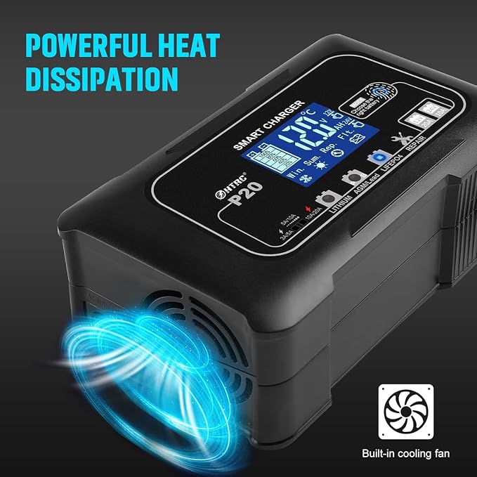 Battery Charger, Smart 0-20A 12V/24V Trickle Charger, Portable Car Battery Charger with 9 Stages of Charging for LiFePO4, Lead-Acid, and Lithium Batteries, with Battery Repair Function