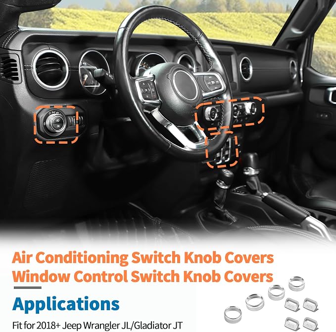 JeCar 8-Piece Aluminum Switch Button Knob Cover for 2018-2025+ Jeep Wrangler JL JLU & Gladiator JT Window Switch Button Cover, Radio, Air Conditioner, Headlight Switch Knob Cover (Silver)