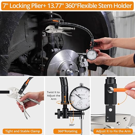 Neoteck Disc Brake Rotor Gauge Set 0-1"/0.001" Ball Joint Runout Gauge Set with 13.77" Flexible Arm and 7" Tight Grip Locking Plier,Widely Used in Automotive Maintenance and Industrial Processes