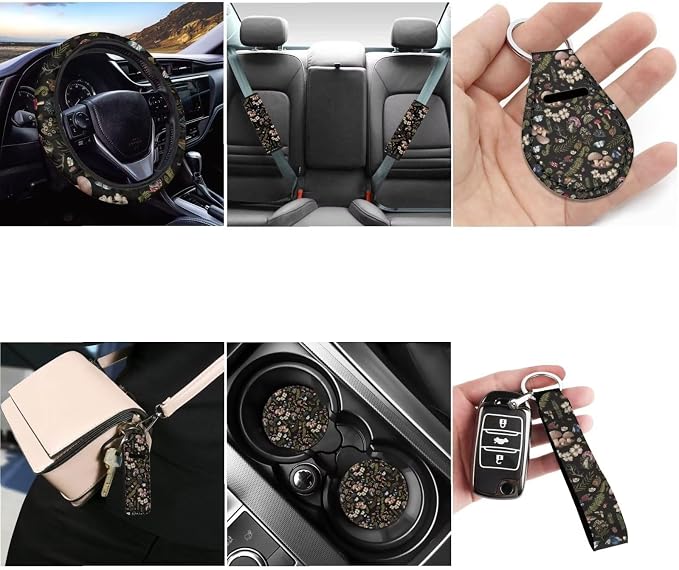 Butterfly Mushroom Car Seat Cover Full Set for Front Back,Seatbelt+KeychainsMushrooms Car Coaster15Inch Car Steering Wheel Cover,12PCS Hippie Mushroom Car Accessory Set for Women Men