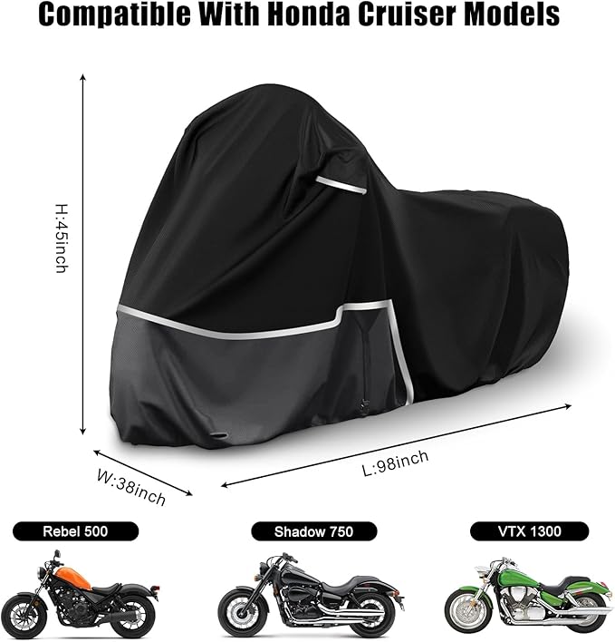 Waterproof Motorcycle Cover Replace for Honda Rebel 300 500 1100 and Shadow 750/ Vtx 1300 /Fury, 420D Oxford Cloth Motorcycle Cover for Snow Rain Dust Protection