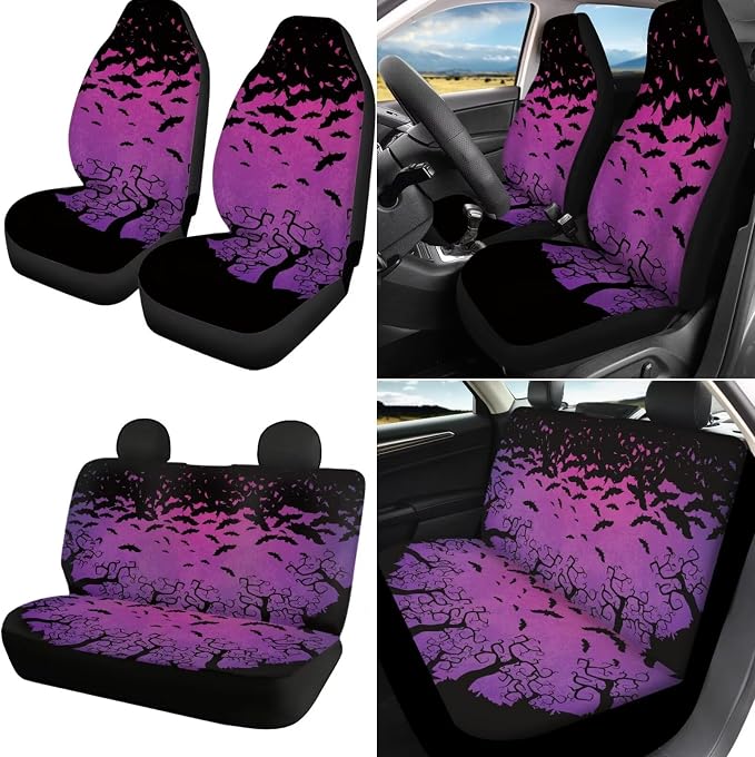 18 Pc Gothic Bat Car Seat Cover Set - Universal, Armrest, Steering Wheel, Seat Belt, Cup Coaster, Handbrake & Keychain - Purple