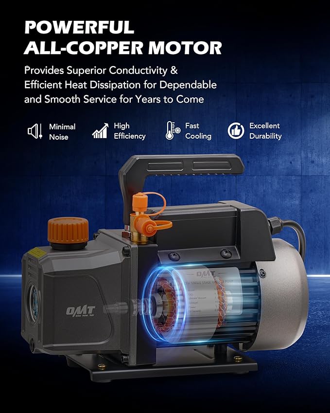 Orion Motor Tech Vacuum Pump, 4 cfm 1/3 hp HVAC Single Stage Vacuum Pump for R12 R22 R134a R410a R502, Auto AC Vacuum Pump Kit for Automotive Air Conditioner Resin Degassing & More, Oil Included