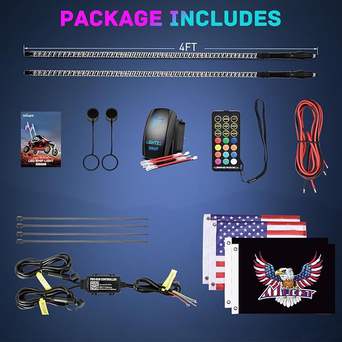Nilight LED Whip Light 2 PCS 4FT COB RGB Lighted Antenna Whips with Spring Base Remote & App Control DIY Patterns Turn Brake Reverse Lights for Can-am Offroad ATV UTV RZR Polaris Dune Buggy Truck