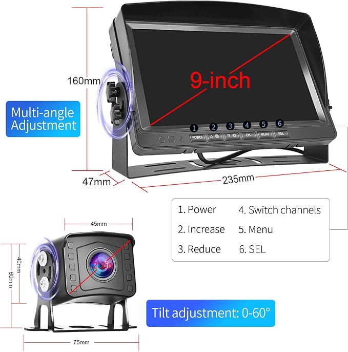 Dual RV Backup Camera System 1080P, Hodozzy 9 Inch AHD Reversing Camera Monitor Wired IP69 Waterproof Full Color Night Vision Loop Recording Car Reversing Rear View Camera for Truck/Trailer/RV 12-35V