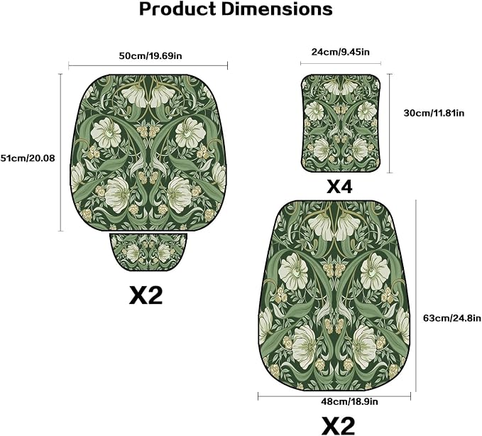 Car Seat Covers,Green Floral William Morris Desgin,Breathable 3D Air Fabric Automotive Seat Cushions, Vintage Boho Aesthetic Interior Accessories, Universal Fit, Machine Washable